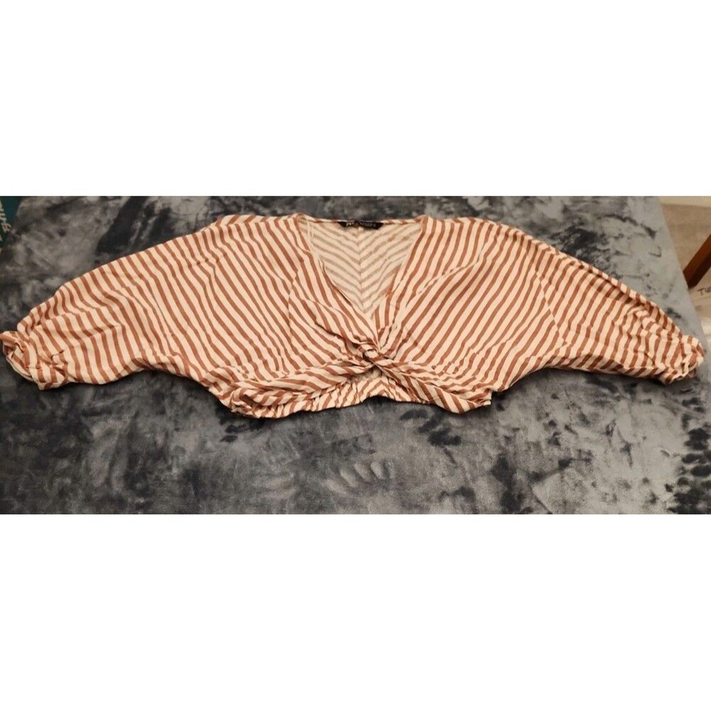 Zara Cropped Mauve And White Striped Balloon Sleeve Linen Top Size Medium